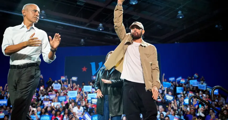 Rapper Eminem and Obama rally voters for Kamala Harris in Detroit