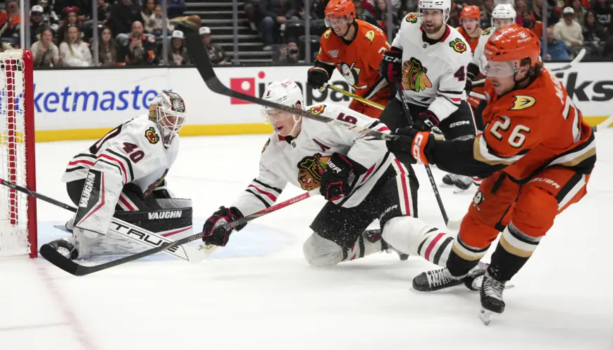 Blackhawks finish trip on high note as Arvid Soderblom backstops win over Ducks