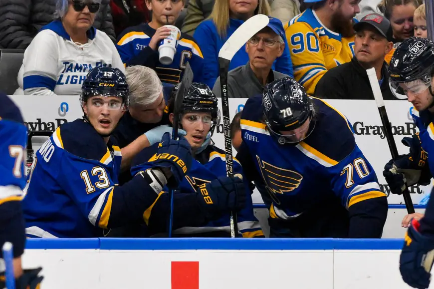 Blues’ Dylan Holloway stretchered off after taking puck to neck in scary moment