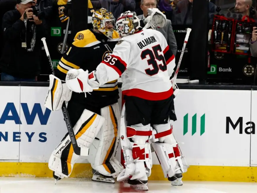 Watch: Linus Ullmark shares hug with Jeremy Swayman, salutes Bruins fans in return to TD Garden