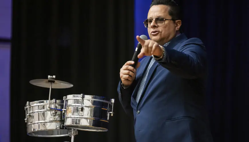 Tito Puente Jr., son of late Latin jazz legend, performs at Prosser Career Academy for Veterans Day