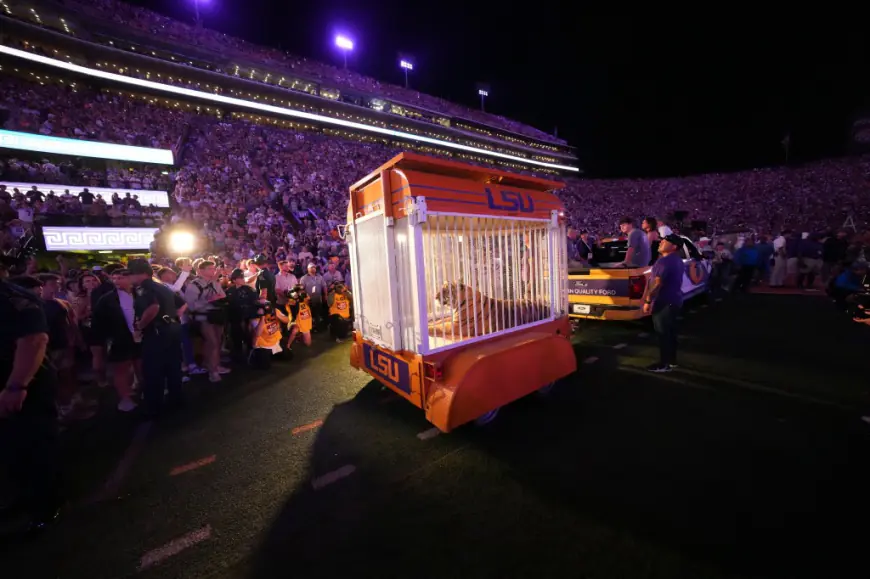 Caged tiger wheeled into LSU’s Tiger Stadium for first time since 2015 at governor’s behest