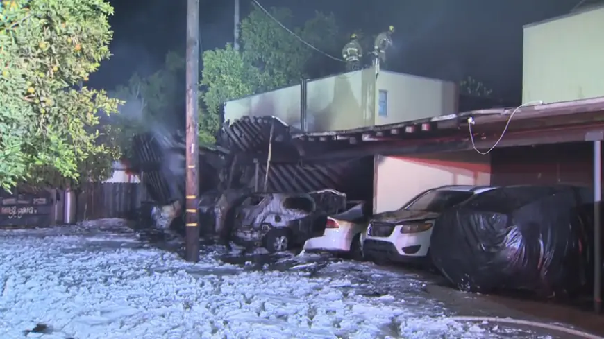 Several cars destroyed as fire tears through L.A. apartment garage