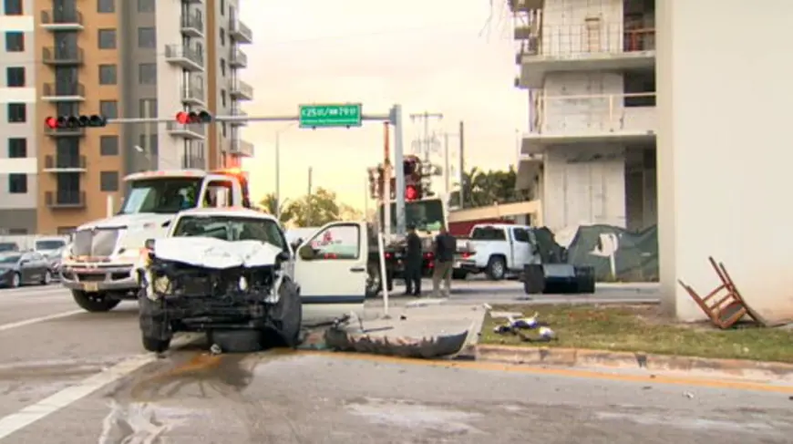 Pickup truck driver slams into construction site fence in Hialeah