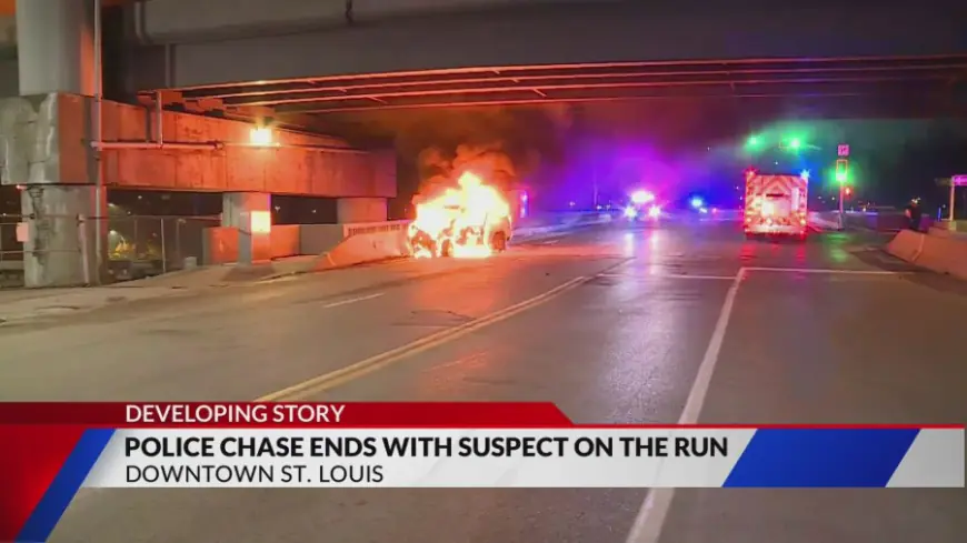 Police chase ends in fiery crash in downtown St. Louis, suspect flees