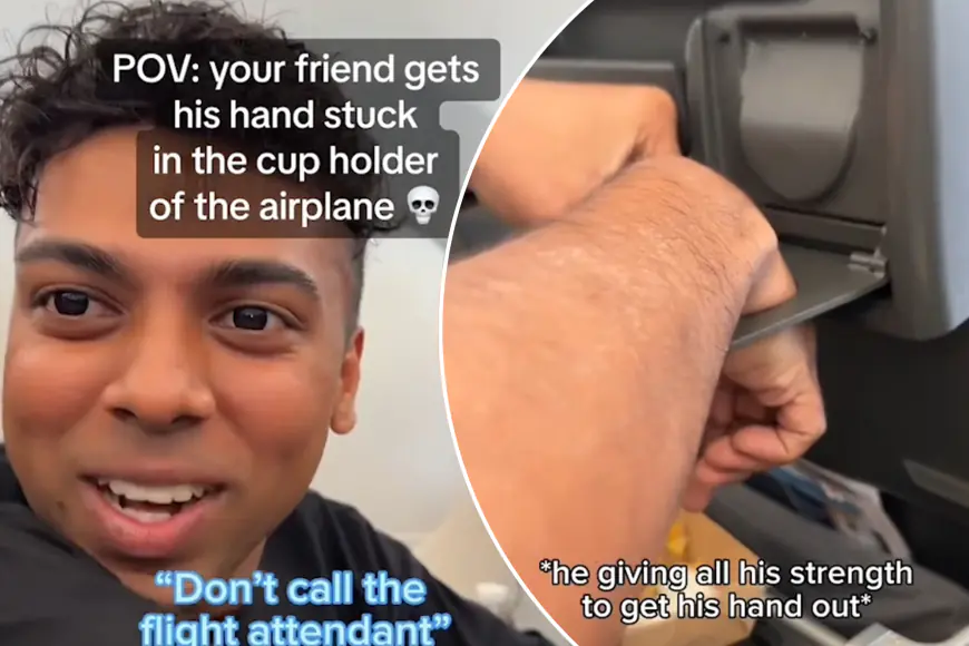 Curious passenger leaves flight crew perplexed by getting hand stuck in airplane cup holder