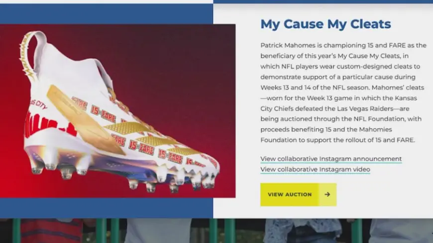 Patrick Mahomes cleats auction proceeds going to FARE and 15 and the Mahomies