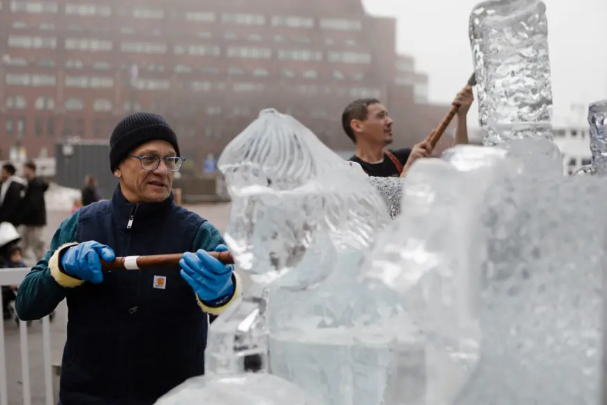 Massive sea turtle ice sculpture takes shape on Boston waterfront ahead of New Year’s