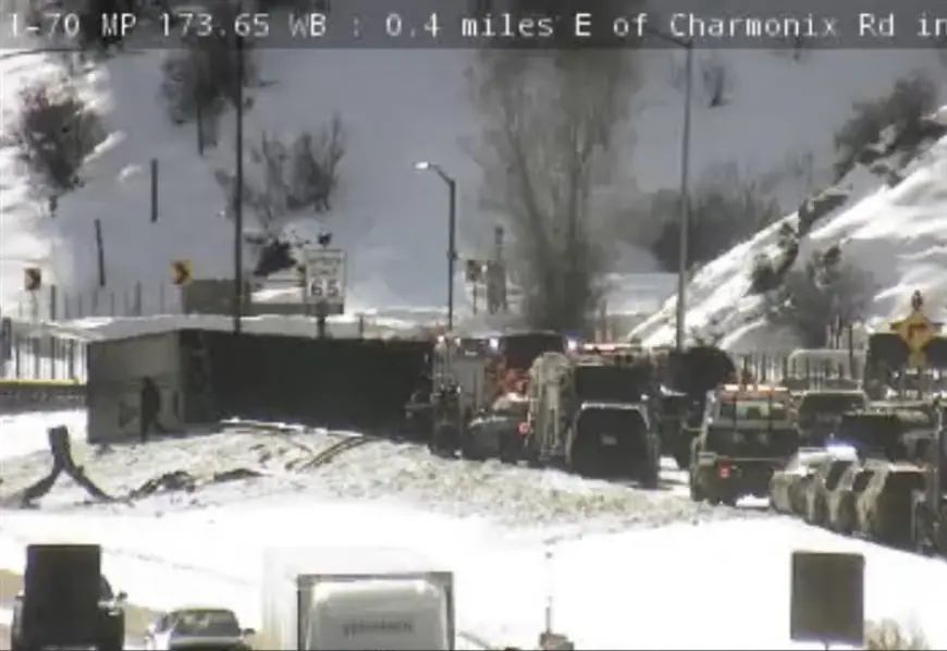 I-70 westbound at standstill after semi-trailer jackknifes on roadway near Vail