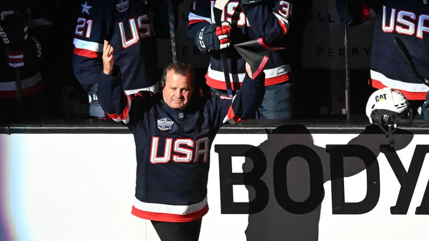 Mike Eruzione dons Johnny Gaudreau USA jersey ahead of 4 Nations final against Canada